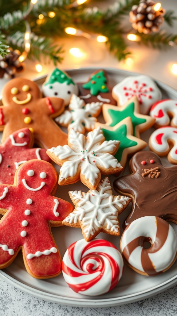 A festive platter of decorated Christmas cookies including gingerbread and sugar cookies, surrounded by holiday decorations.